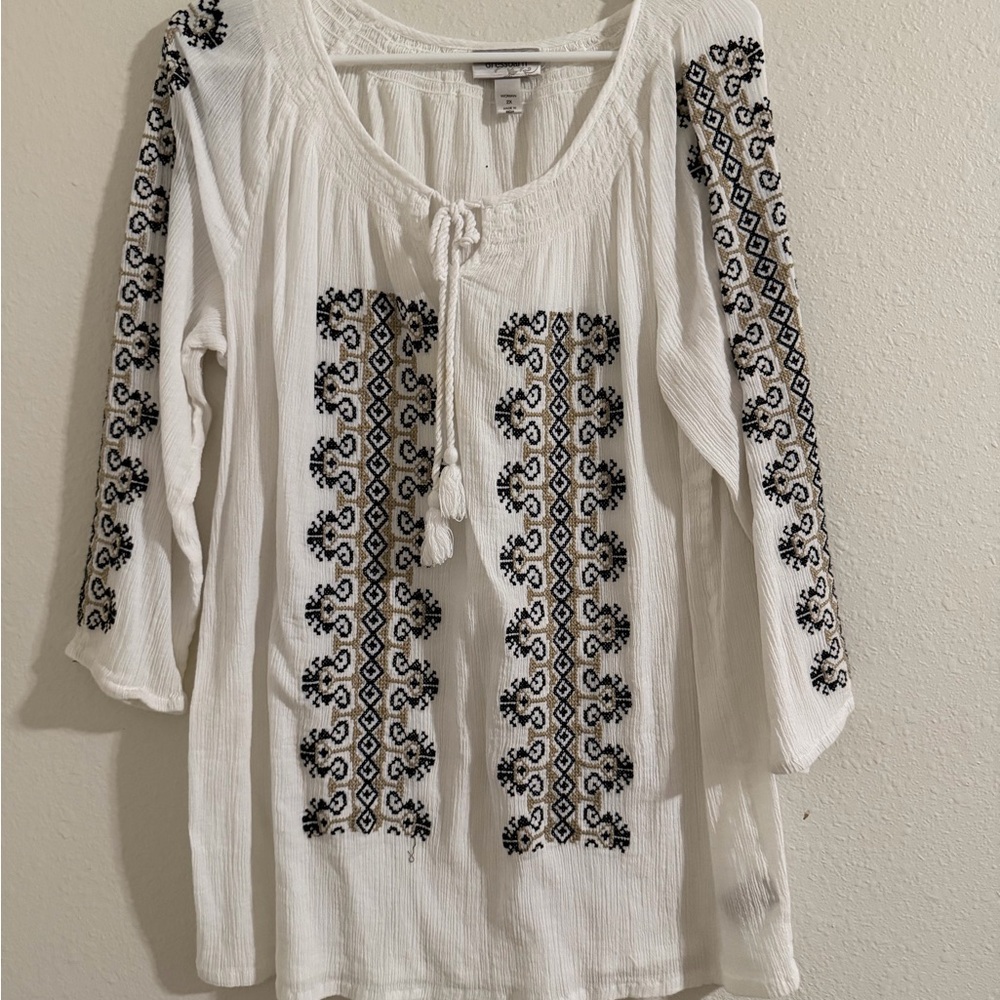 Dressbarn White Blouse with Black Embroidery